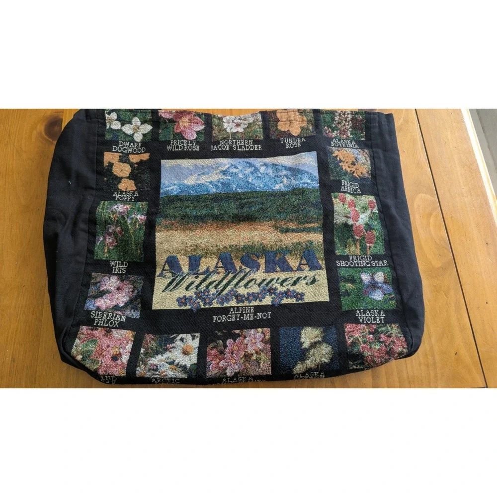 Alaska Wildflowers Woven Tapestry Tote Bag Black Floral Botanical Souvenir Large